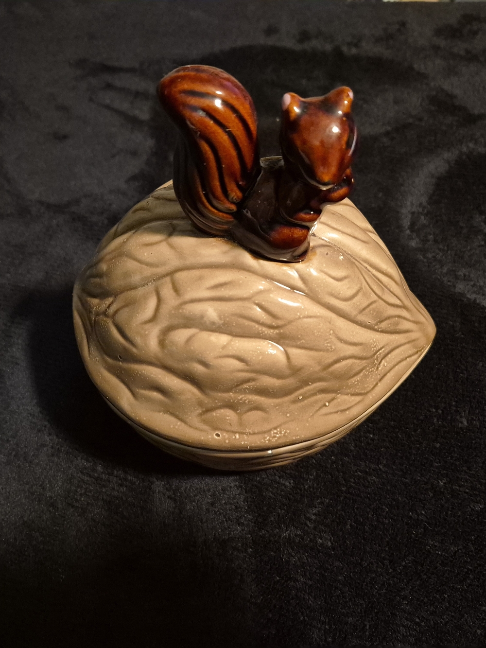 Vintage Ceramic Squirrel on Walnut Covered Nut Dish with Tools